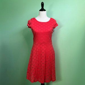 Coral Pink A-Line Knit Lace Medallion Cap Sleeve Dress